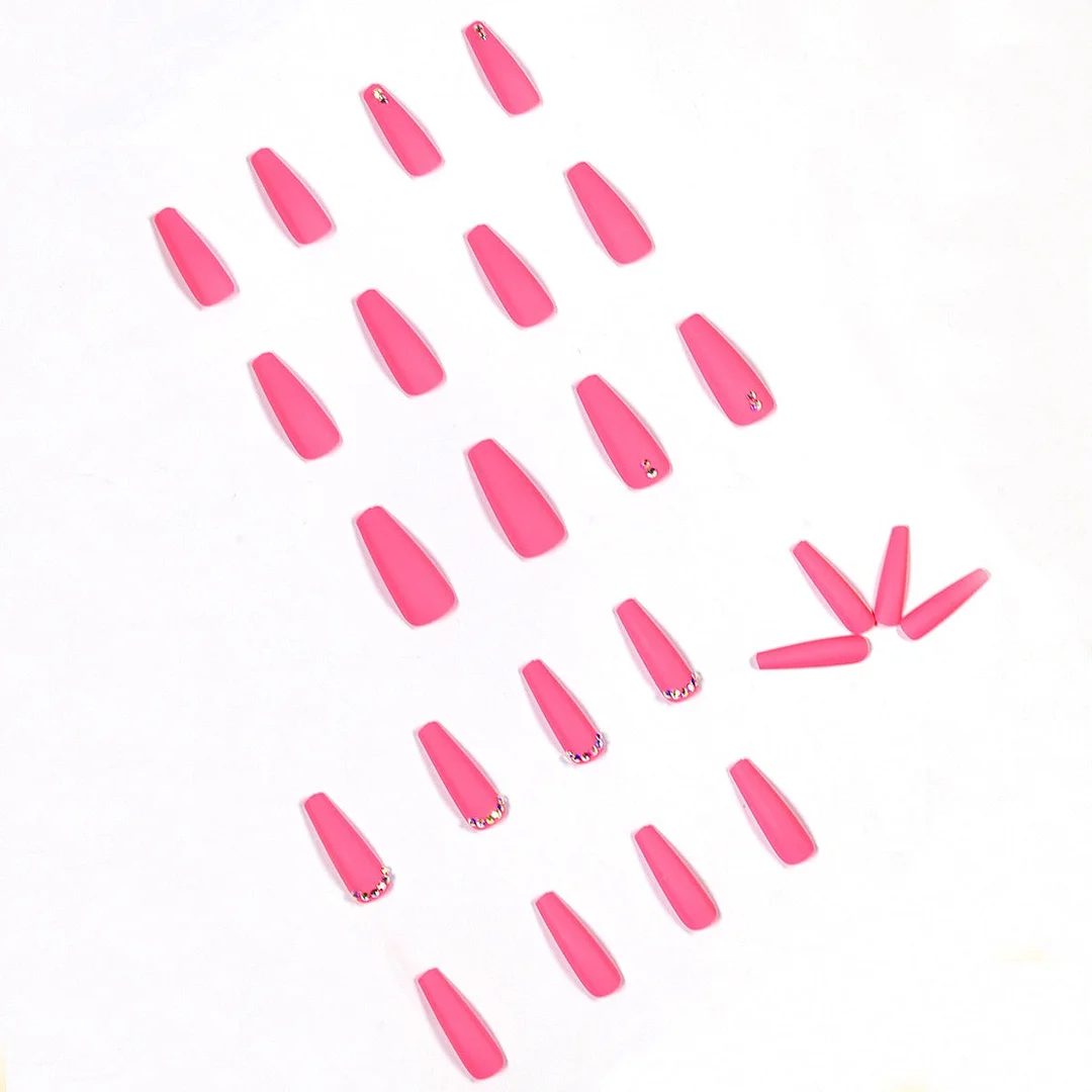 24pcs Pink Long Ballet Rhinestone Fake Nails Full cover Fake Nails Glue DIY Manicure Nail Art Tools-Nail Inspo