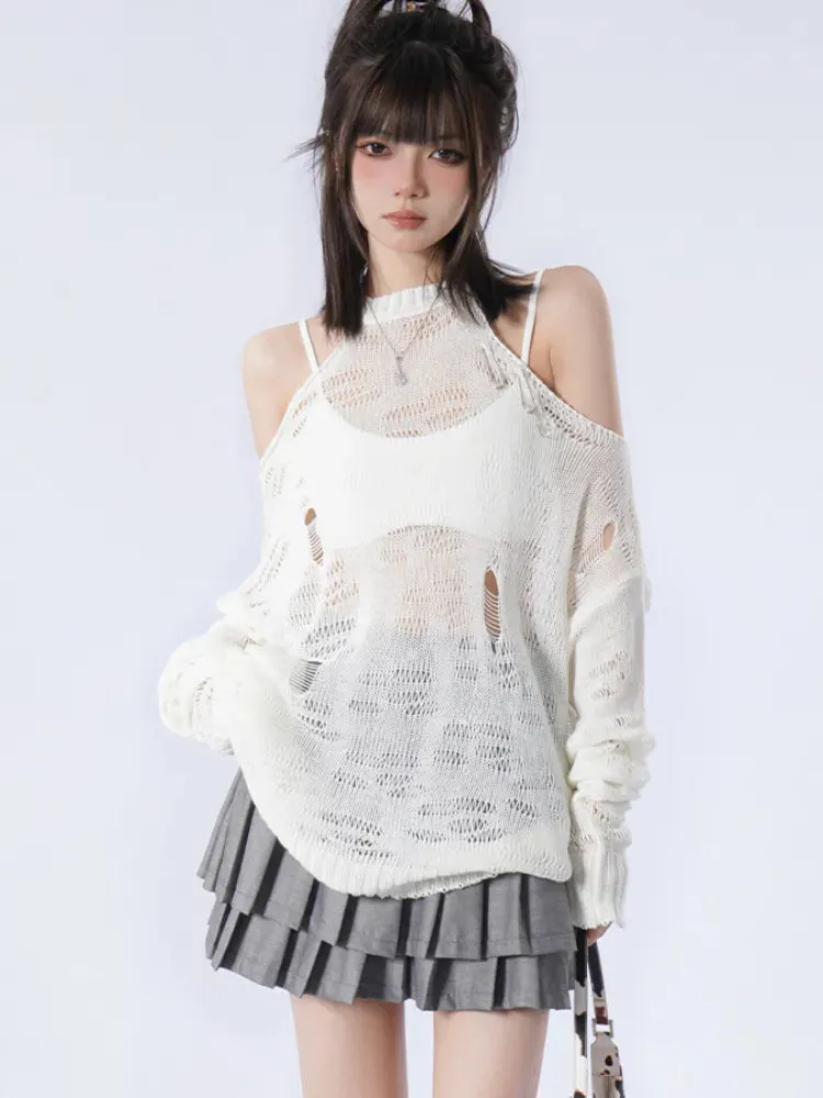 Brownm Distressed Cut-Out Fine Knitted Sweater