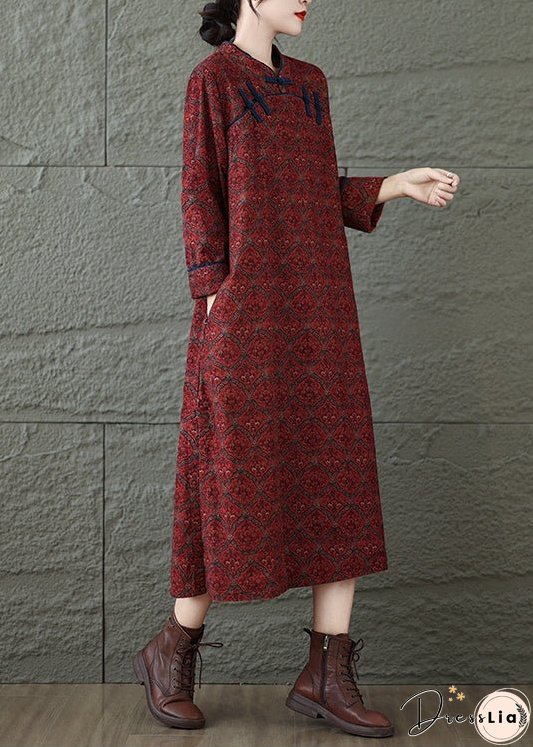 Vintage Red Stand Collar Print Oriental Button Cotton Dress Fall