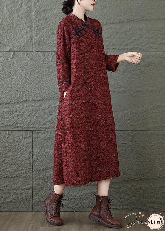 Vintage Red Stand Collar Print Oriental Button Cotton Dress Fall