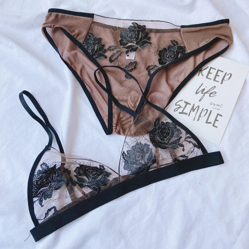 Ultra-thin embroidered underwear sets style no steel ring bra panties suit lightweight summer small single-layer bralette