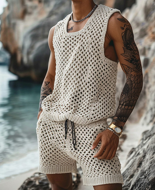 Casual Hollow Out Sleeveless Vest & Shorts 2Pcs Set