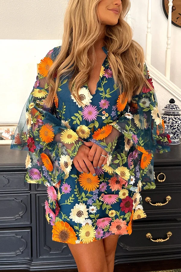 Loving Everything Embroidered Floral Applique Tiered Bell Sleeve Mini Dress