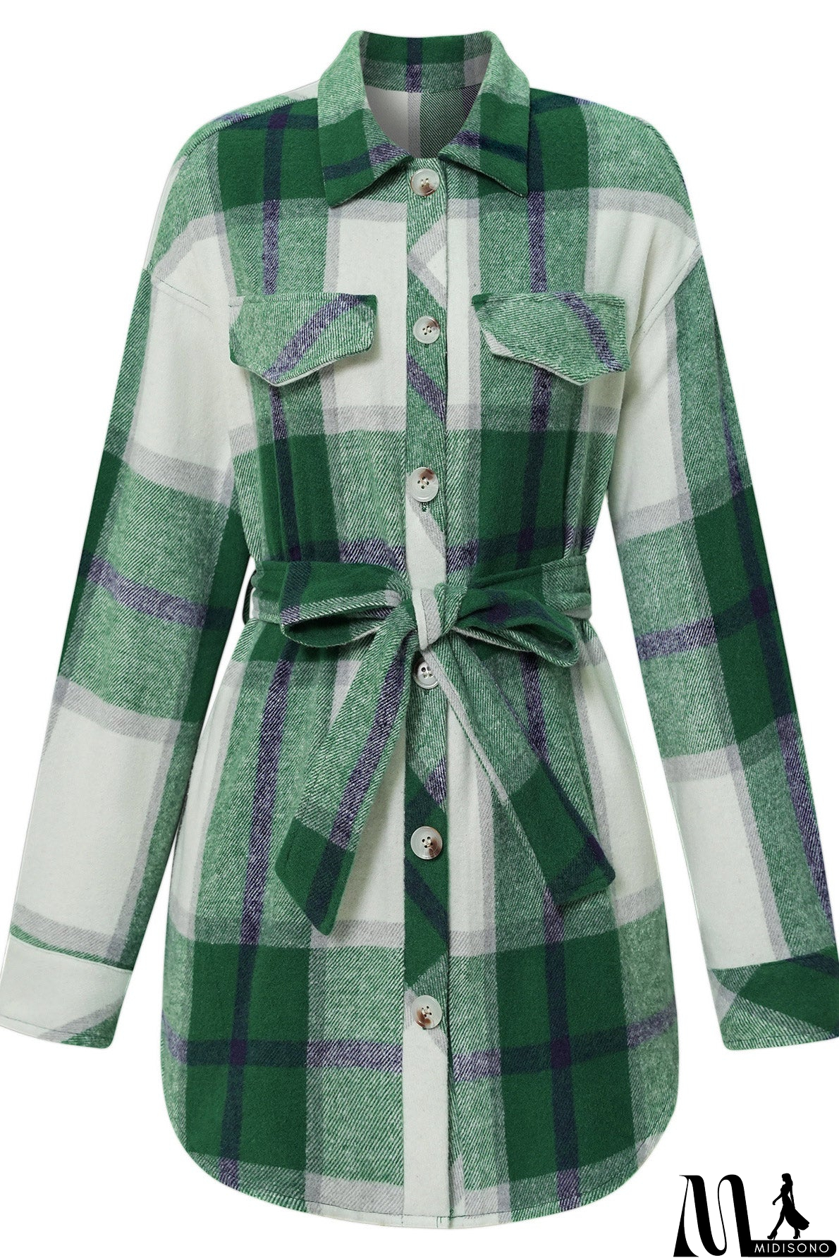 MidiSono - Casual White & Blue Plaid Shirt