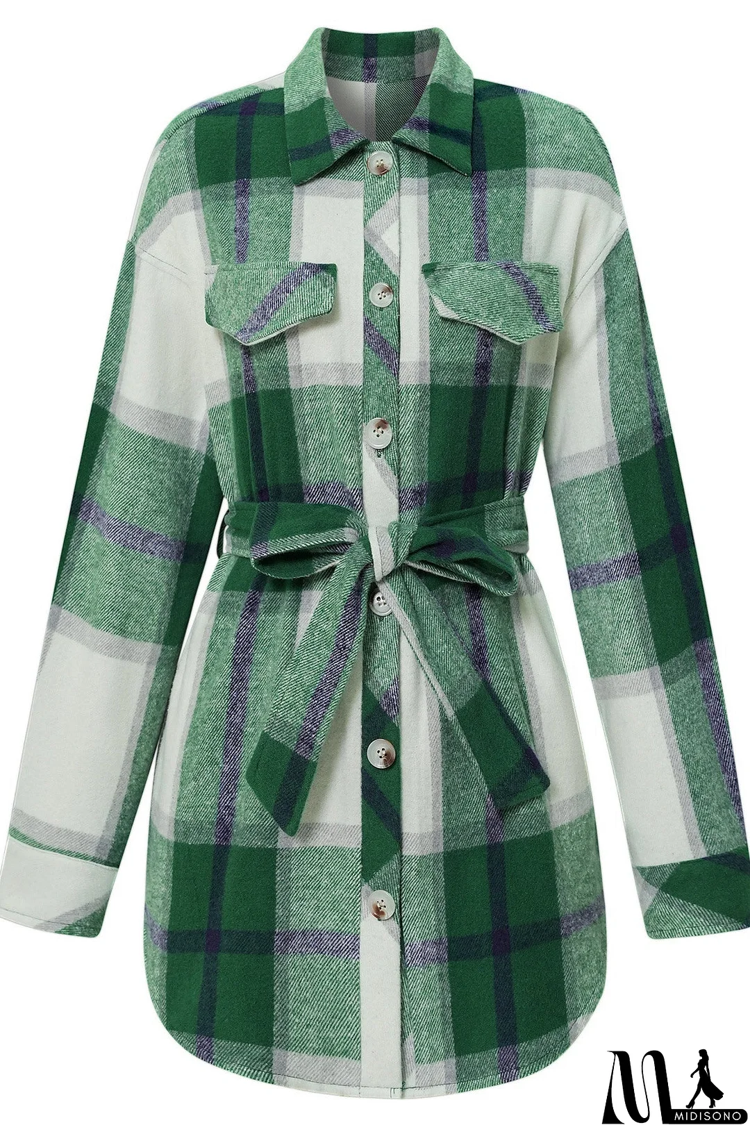 MidiSono - Casual White & Blue Plaid Shirt