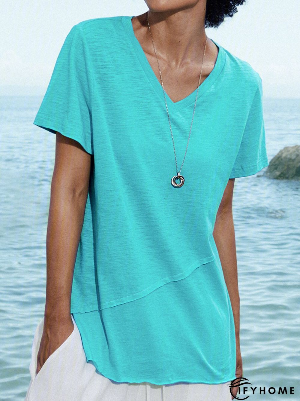 Blue Casual Cotton Solid V Neck T-shirt | IFYHOME