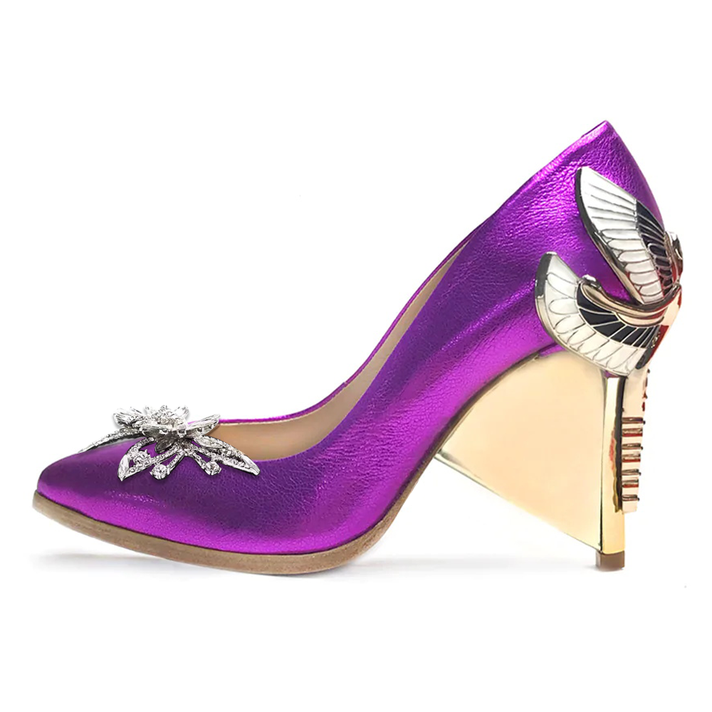 Metallic Calfskin Crystal Slippers Purple Non-Slip High Heel Nicepairs