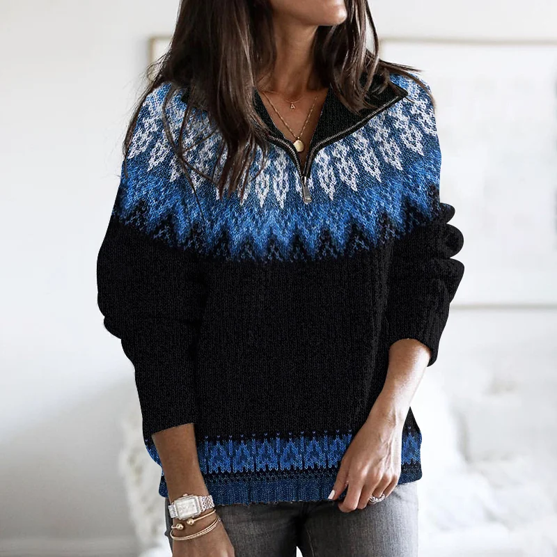 Vintage Tribal Icelandic Pattern Stand Collar Zip Sweater
