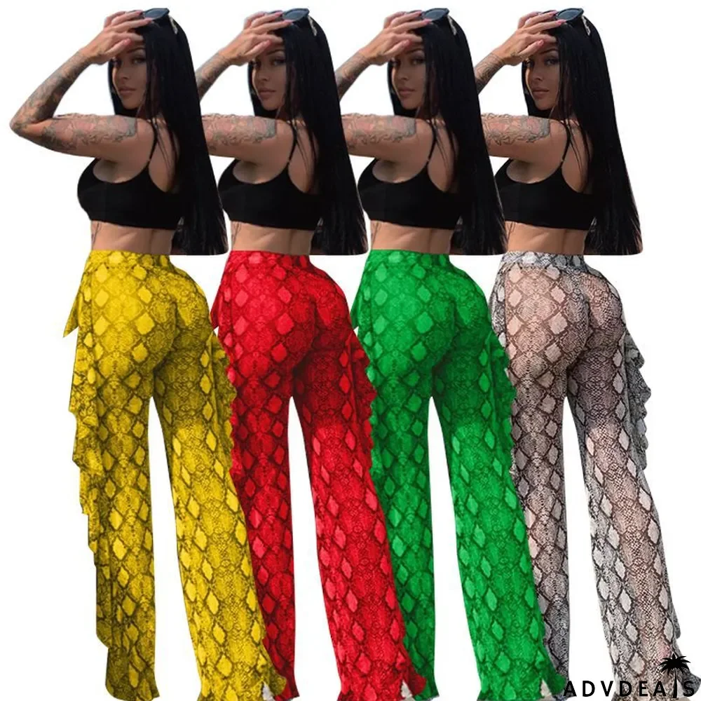 Snake Skin Print Ruffled High Waist Pants
