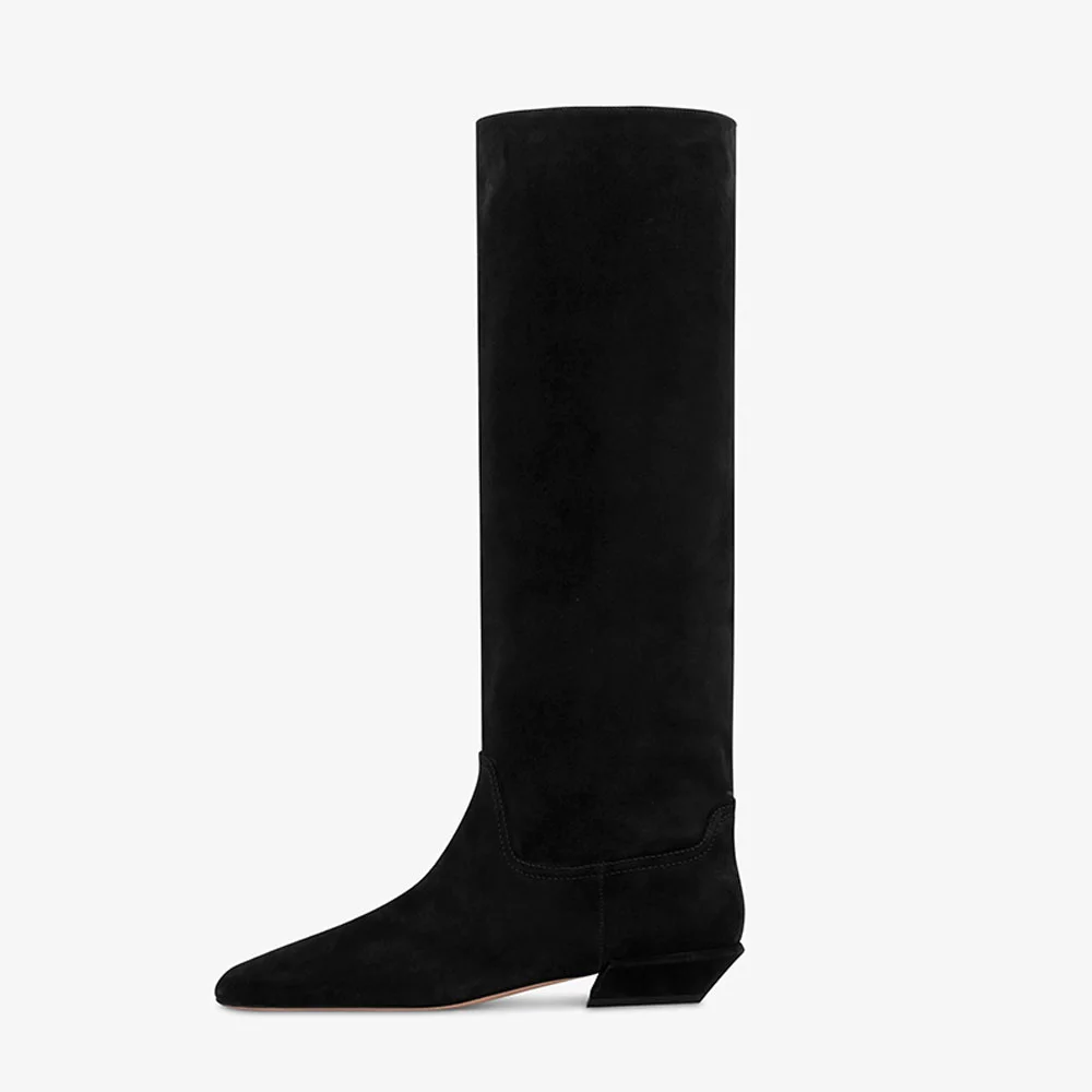 Vegan Suede Pointed Toe Flat Black Knee-High Boots for Women
