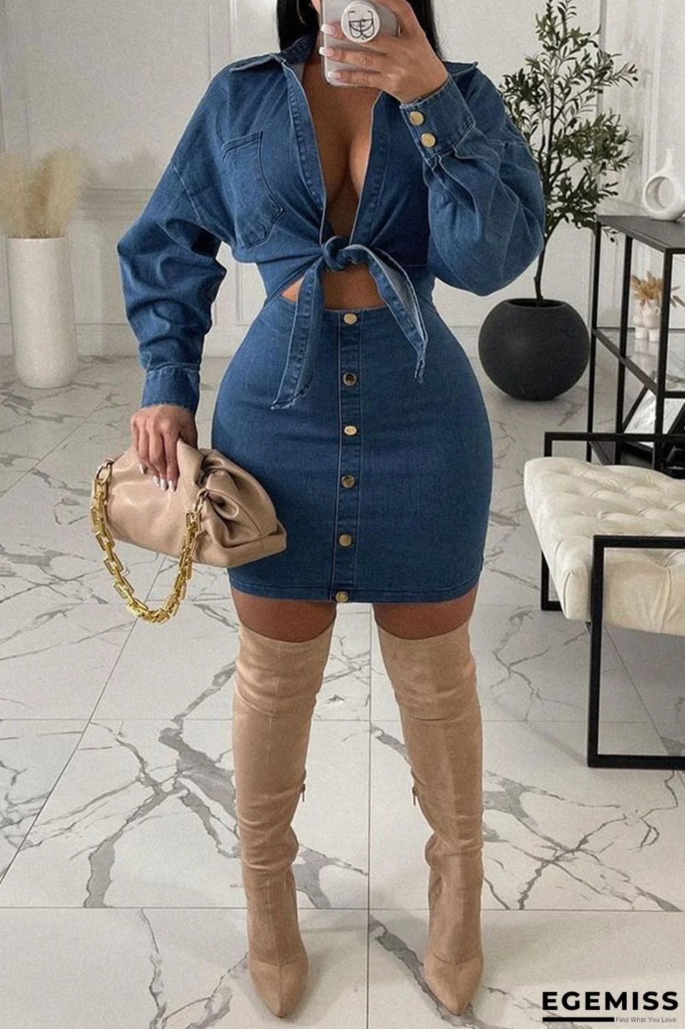 Peacock Blue Casual Solid Bandage Patchwork Buttons Turndown Collar Long Sleeve Two Pieces | EGEMISS
