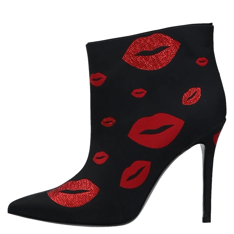 Black Suede Lips Embroidered Stiletto Boots |FSJ Shoes