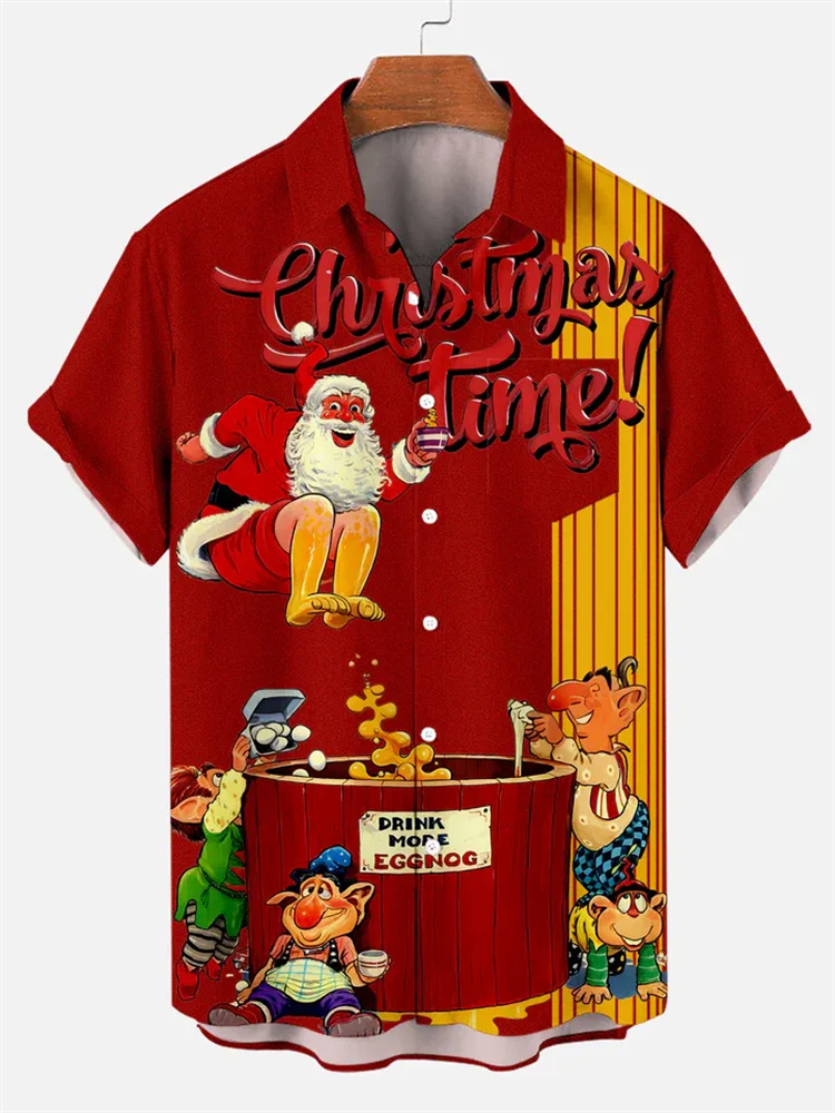 Comstylish Men's Classic Christmas Santa Claus & Eggnog Print Shirt