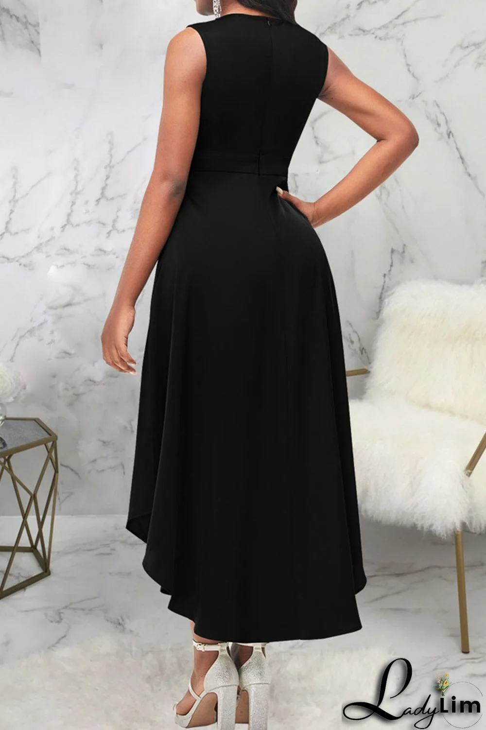 Black Casual Solid Patchwork V Neck A Line Dresses