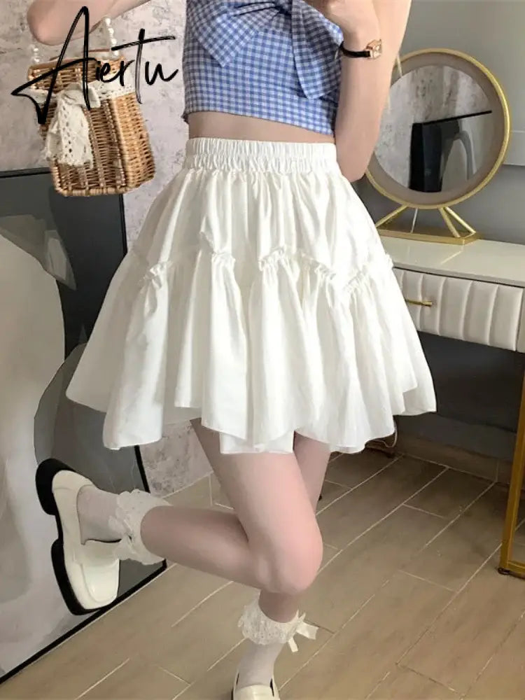 Aiertu Kawaii Mini Skirts Women White Fungus Patchwork Summer Sweet Cute Pleated Skirt Black Goth Lolita Preppy Style Y2k Aiertu
