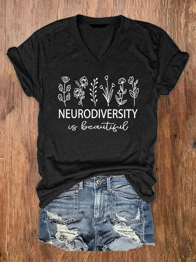 Women's Neurodiversity Autism Awareness Print V-Neck T-Shirt
