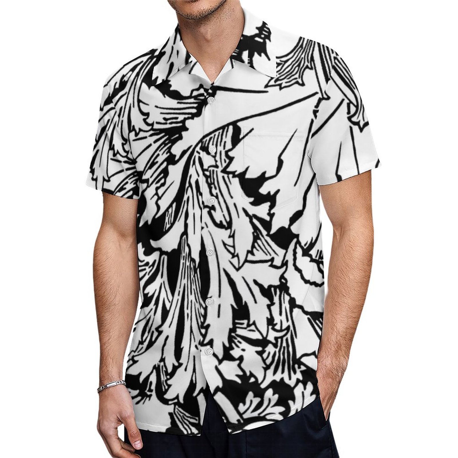 Elegant Bold Black White Poppy Floral Hawaiian Shirt Mens Button Down Plus Size Tropical Hawaii Beach Shirts