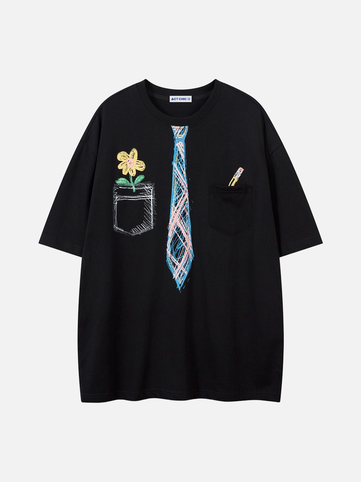 Black Preppy Graffiti Necktie Print Oversized Tee Front