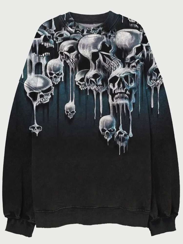 Comstylish Halloween Melted Skulls Print Casual Loose Sweatshirt