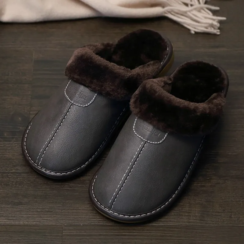 Men's Leather Home Warm Cotton Slippers Men's Home Autumn and Winter Indoor Wooden Floor Non-slip Thick Slippers Mens Slippers