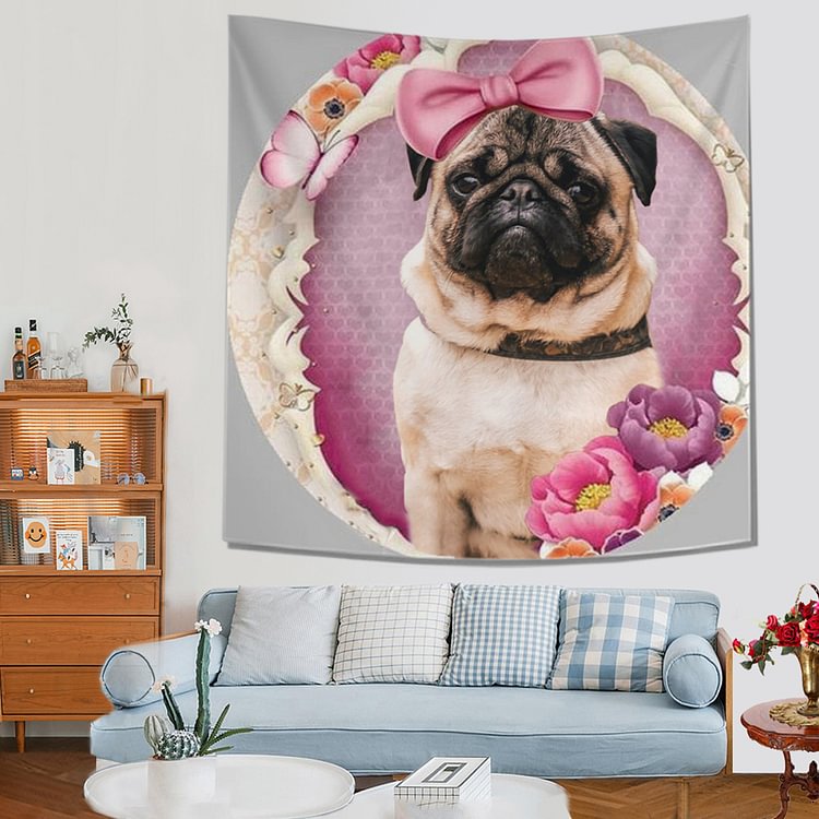 Custom Cute Pink Pug Tapestry | Pet Tapestry | Custom Dog Tapestry  |  Pink  apestry | Indoor Pet Wall Tapestries 