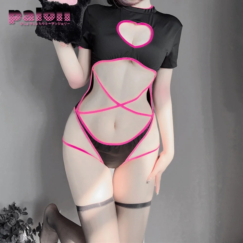Paloli Sexy Women Bodysuit Heart-Shaped Hollow Design Black And Pink Bunny Cosplay Costumes Tempatation Lingerie Skinny 2021 New