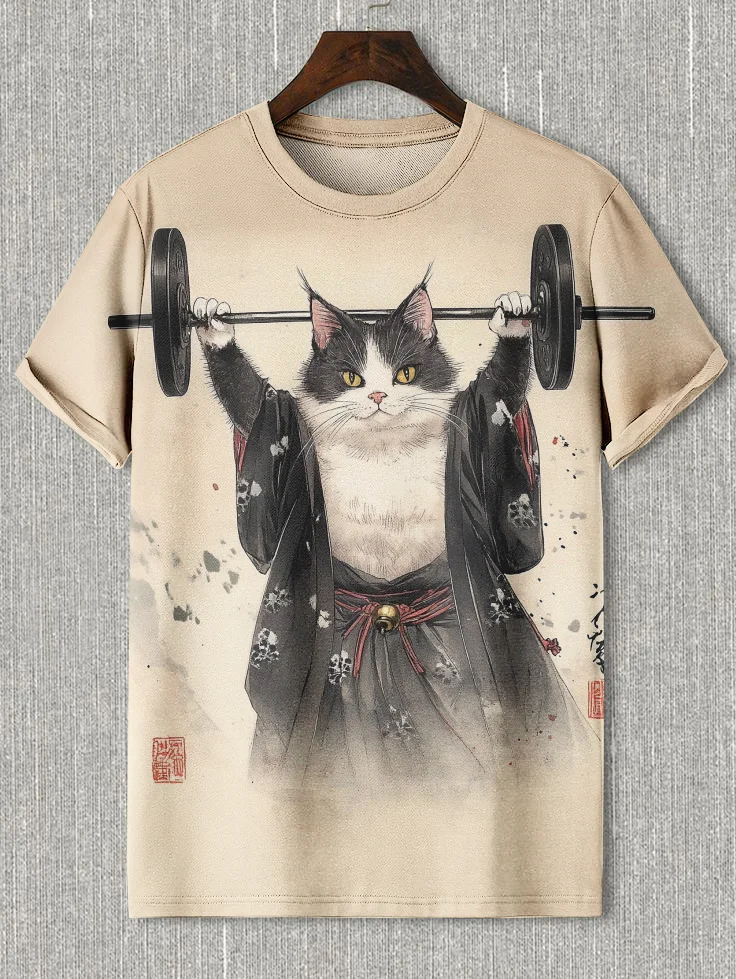 Men's Kimono Cat Weight Lifting Art Print Casual T-Shirt