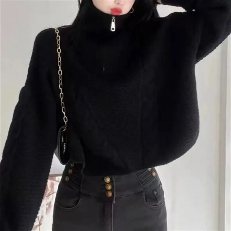 Churchf Churchf Version Of Autumn And Winter Retro Half Zipper Standing Collar Sweater Loose Thin Pure Color Design Sense Short Twist Sweater Woman