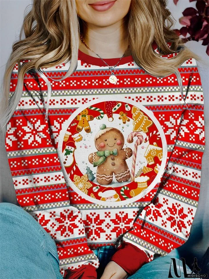 Women's Lovely Christmas Cartoon Print Round Neck Sweatshirt