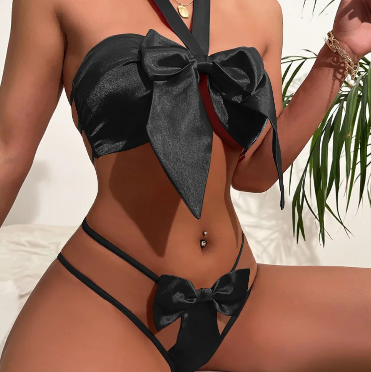 Ueong Style Sexy Underwear Sexy Female Bow Three Point Hollow Out Underwear Sexy Suit