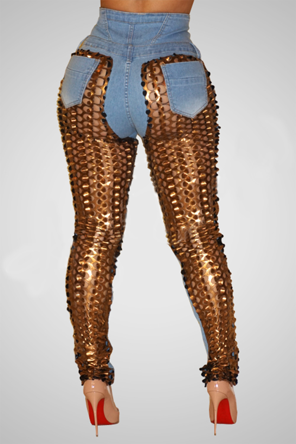 Plus Size Party Jean Gold Fall Winter Contrast Skinny Denim Jean