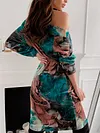 Women's Fashion Print Slim Fit Wide Collar Belt Dress