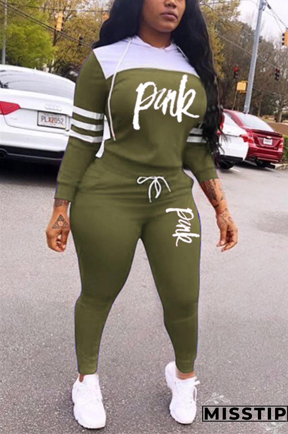 Army Green Casual Patchwork Two Piece Suits Print pencil Long Sleeve