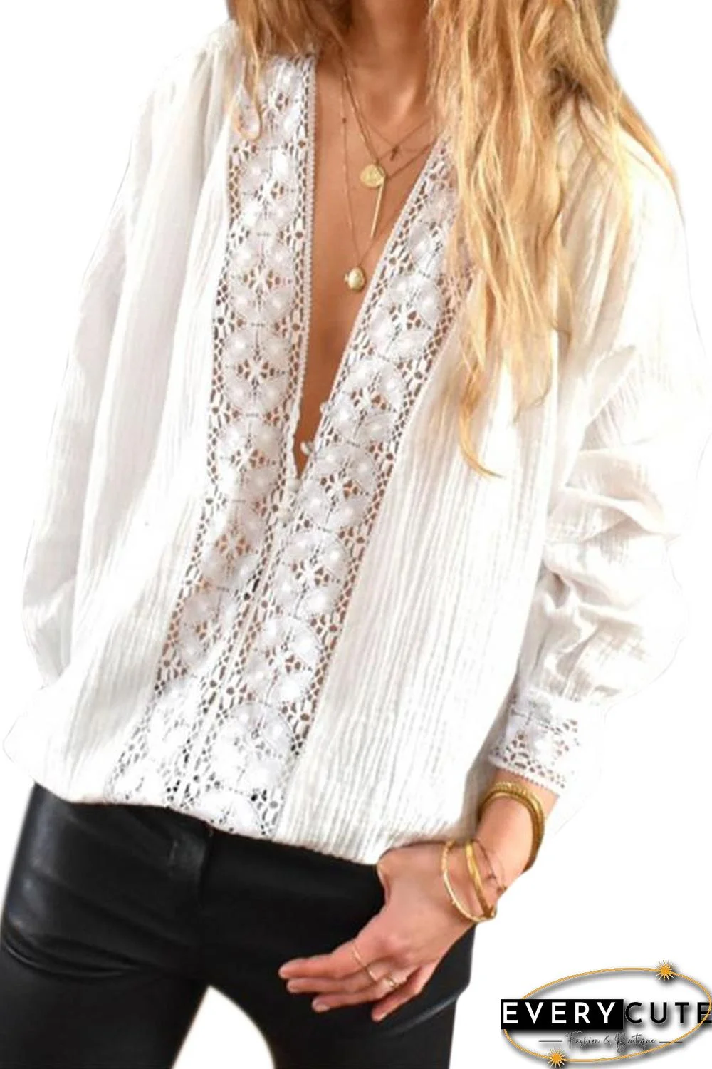 White Deep V Neckline Crochet Lace Blouse