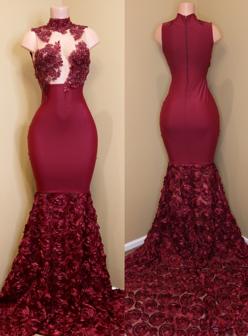 Bellasprom Burgundy Prom Dress Mermaid Appliques With Flowers Bottom High Neck Bellasprom