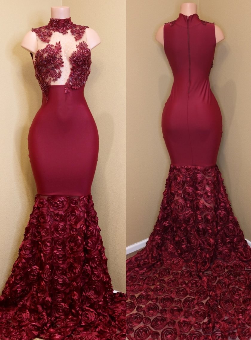 Luluslly Burgundy High Neck Prom Dress Mermaid Appliques With Flowers Bottom