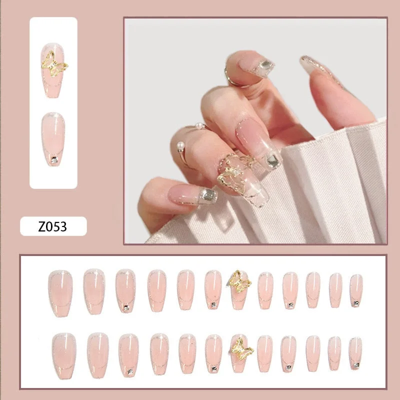 24pcs Stereoscopic Butterfly Light Luxury Elegant Nude Lady Style Removable Nail False Nail Manicure Tool-Nail Inspo
