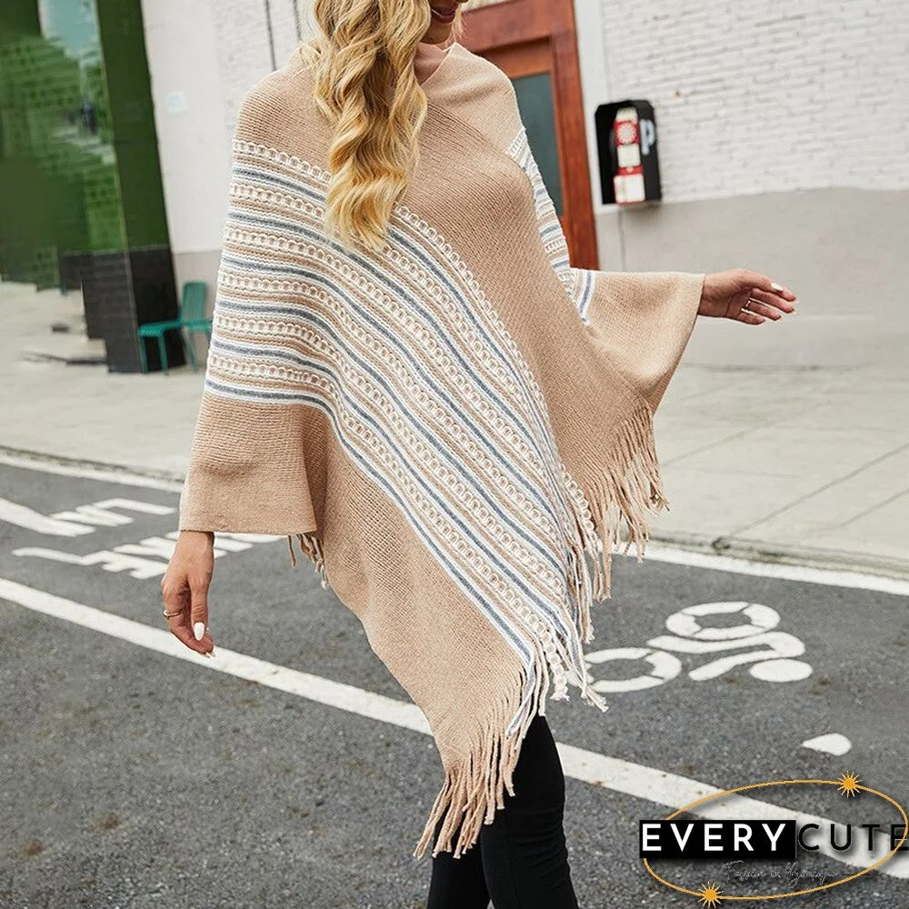 New V Neck Women Autumn Winter Sweater Colored Pullover Stripe Femme Oversize Shawls Wraps Tassel Aesthetic Knit Cape