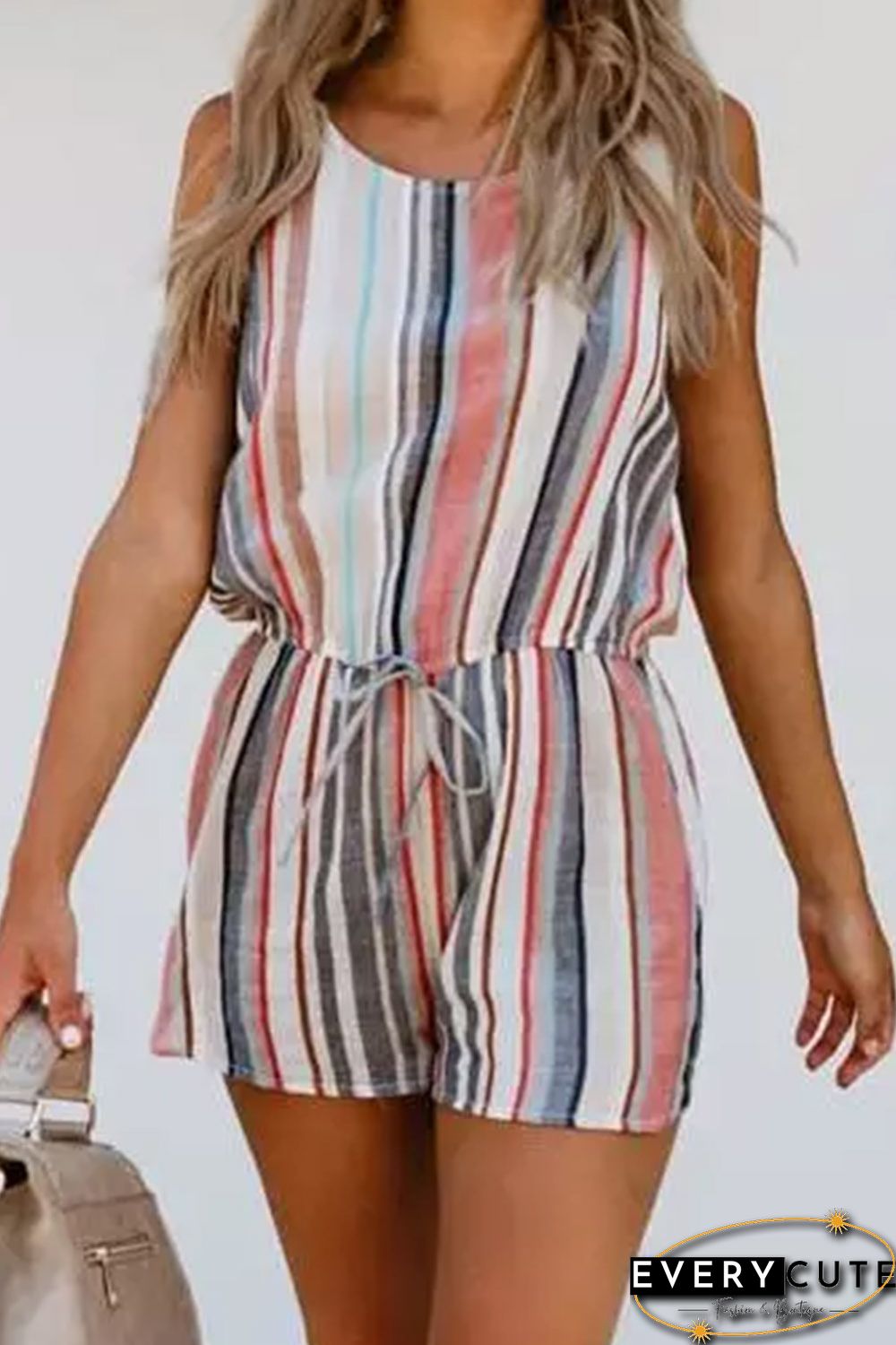 Striped Drawstring O-Neck Sleeveless Romper