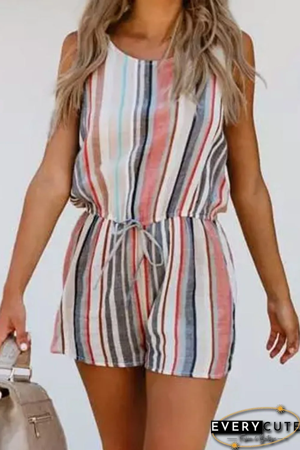 Striped Drawstring O-Neck Sleeveless Romper