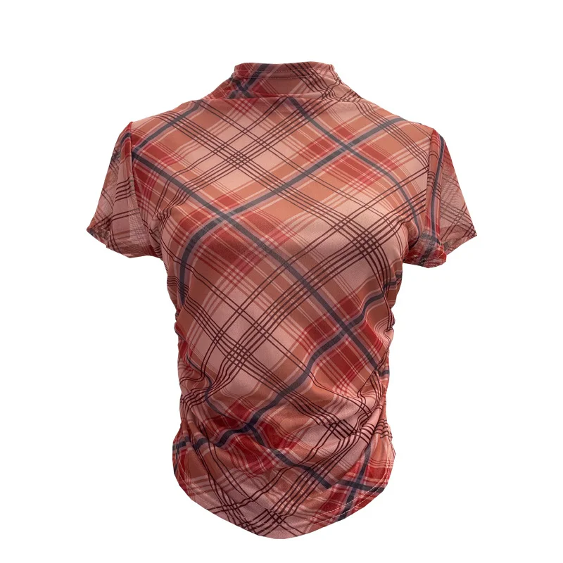 Zingj Real Shooting Sweet Cool Hottie Slim Slimming Vintage Lattice Short-Sleeved T-Shirt Small Neck Folding Thin Top 22892