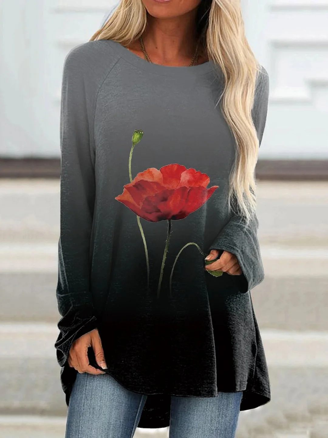 Black Floral Ombre/Tie-Dye Printed Casual Long Sleeve Round Neck Shift Tunic T-Shirt