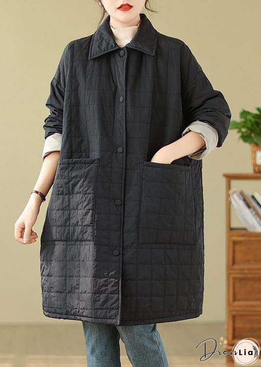 Women Black Pockets Button Patchwork Fine Cotton Filled Coat Winter