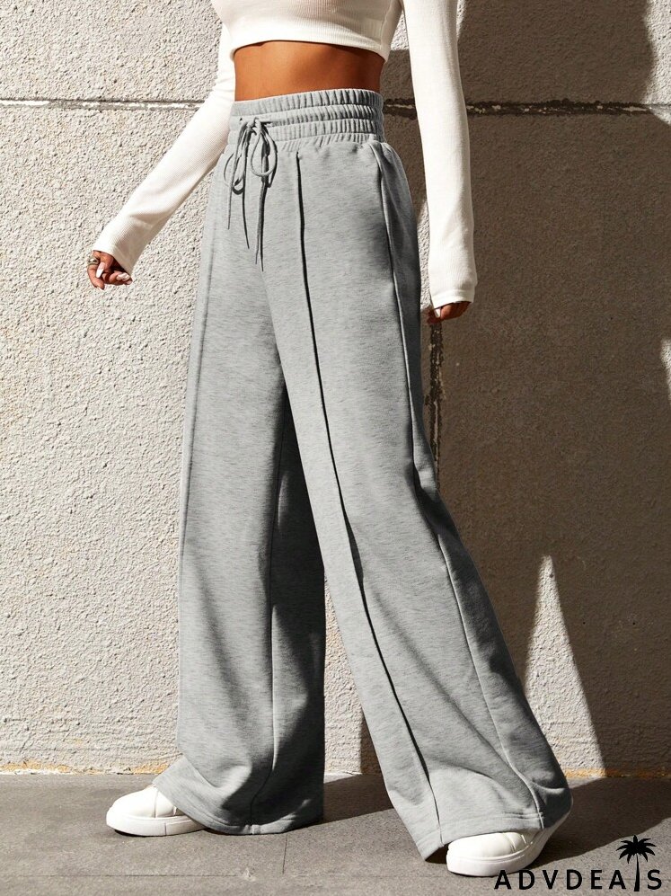 Drawstring Waist Seam Detail Wide Leg Pants
