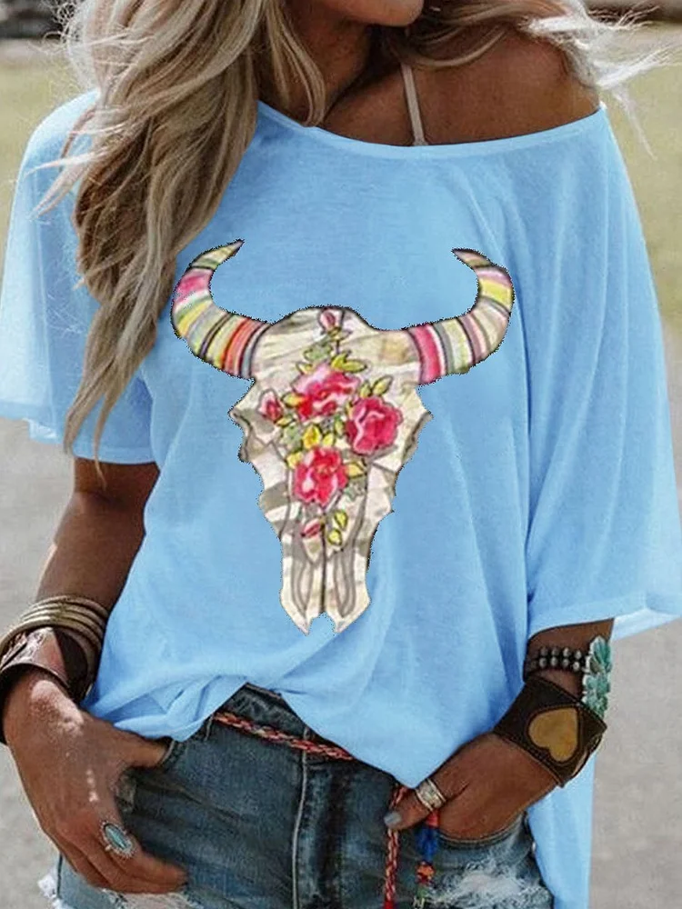 Bestdealfriday Ox Head Cow Head Scoop Neckline Casual Short Sleeve Cotton Blend Woman's T-Shirts Tops