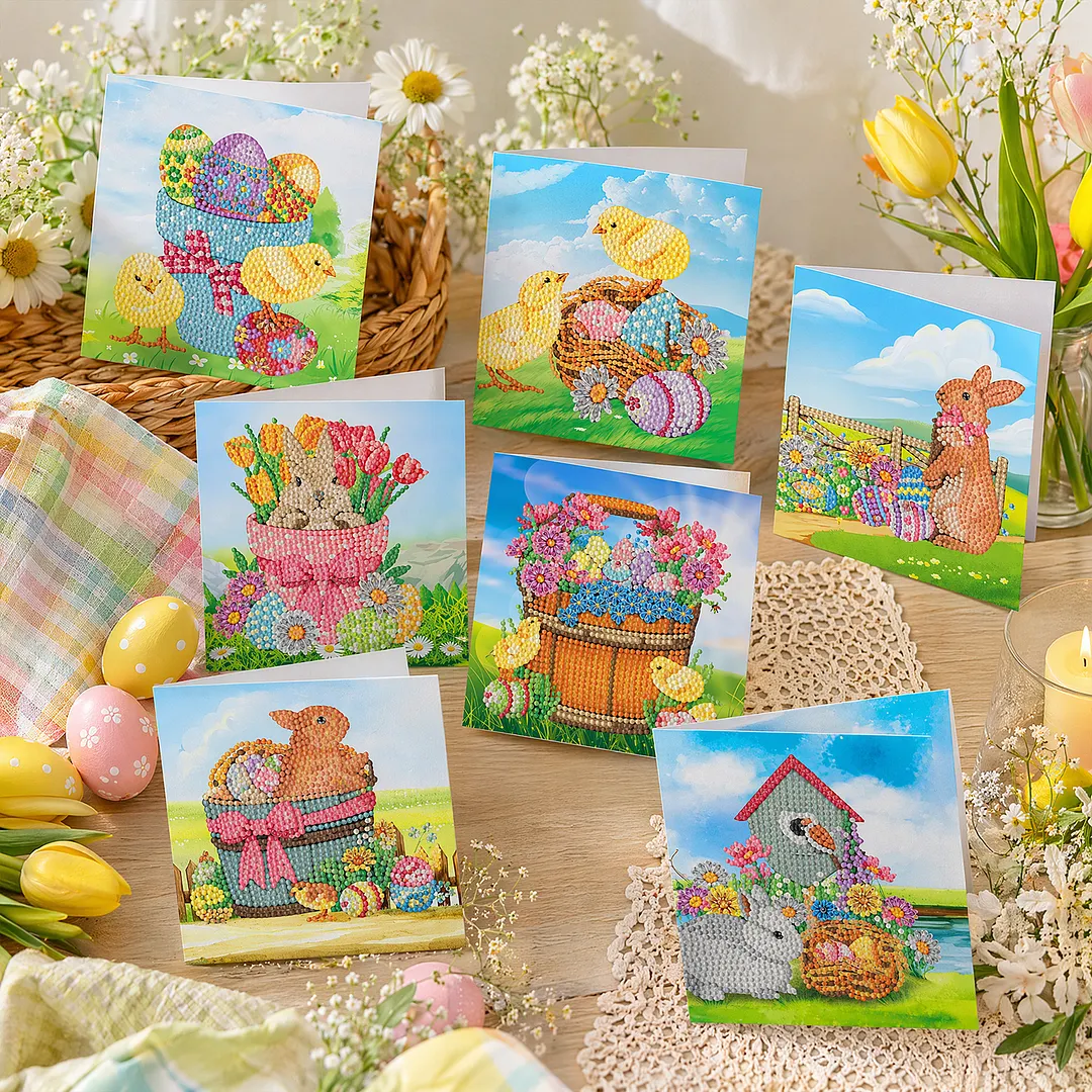 8PCS Chick Rabbit DIY Diamond Painting Greeting Card Kits with Envelopes Diamond Art Greeting Cards Diamond Art Cards Kits for Adults DIY Crafts Family Friend Gifts