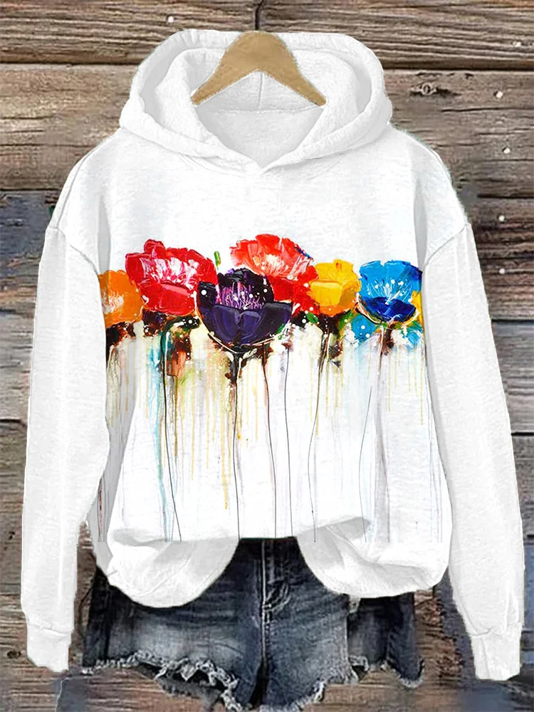 Oil Painting Floral Print Hooded Sweatshirt