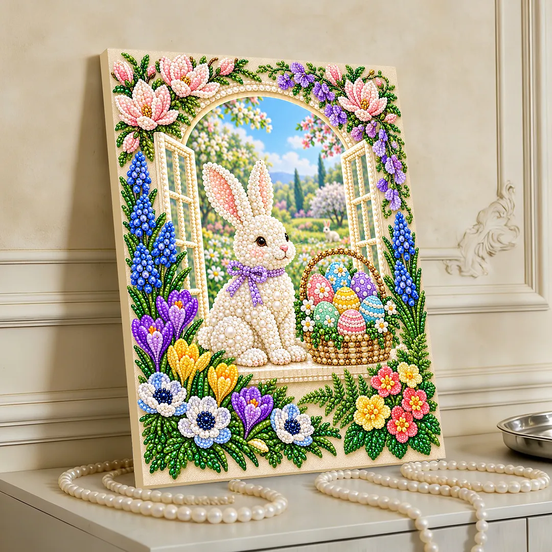 Pearl Painting Kit for Adults Easter Bunny Home Decor Framed 11.81x15.75in