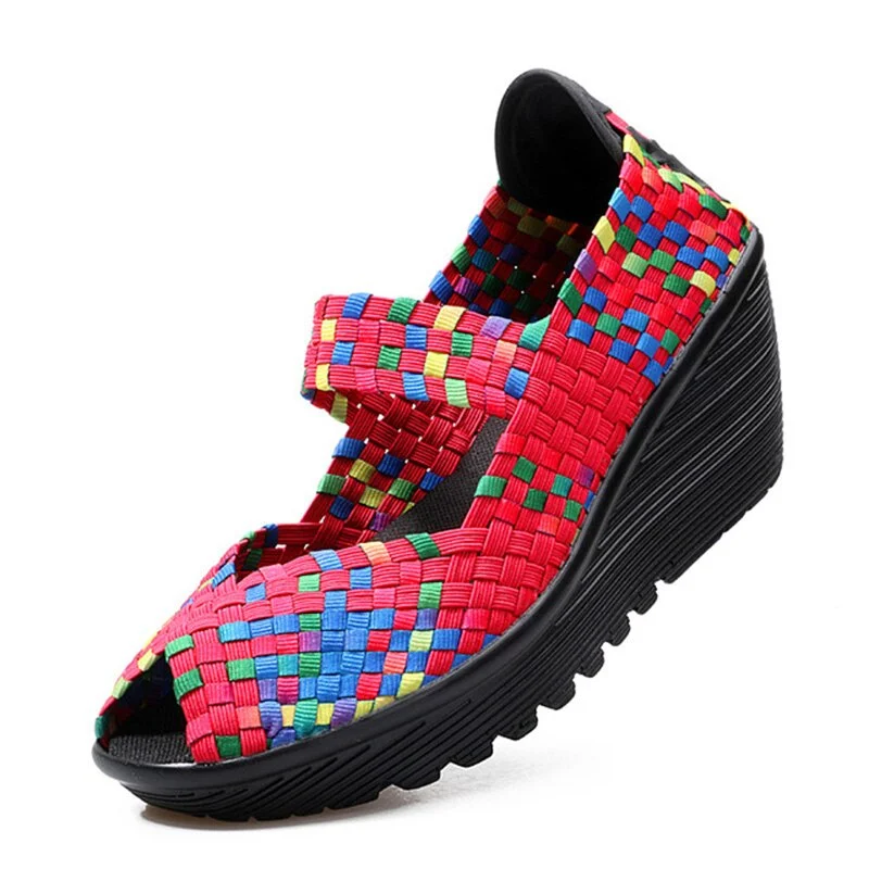 TINO KINO Women Weave Peep Toe Wedge Pumps Ladies Slip On Fashion Platform Mixed Color Casual Increasing Shoes Plus Size