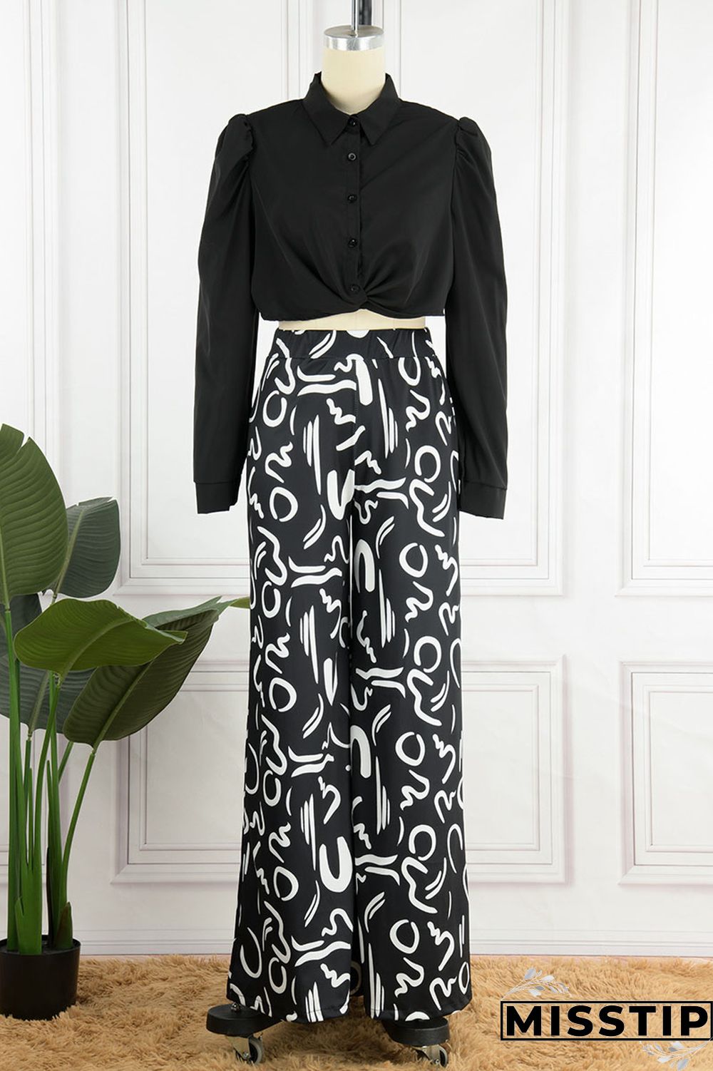 White Casual Print Patchwork Turndown Collar Long Sleeve Two Pieces